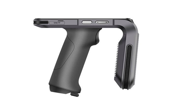 The image showcases a sleek, modern handheld barcode scanner with a prominent display and user